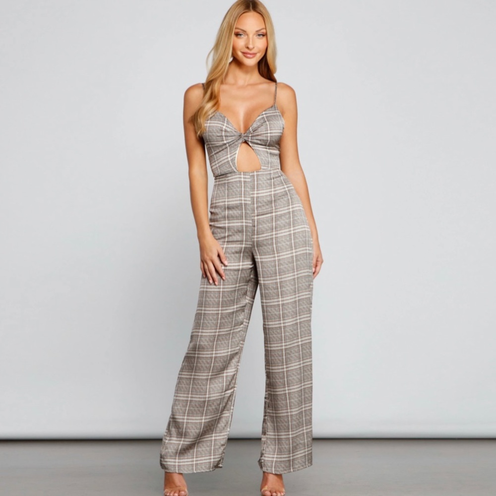 Preppy Plaid Twist-Front Jumpsuit